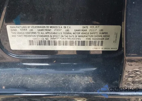 2007 Volkswagen Jetta Wolfsburg Edition from USA, damaged, VIN 3VWEF71K07M143791